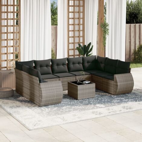 Ensemble salon jardin modulaire gris en résine tressée avec coussins - 10 pièces - Table verre trempé - Stockage intégré (1/3)