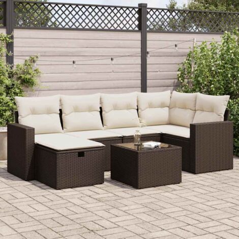 Ensemble Salon de Jardin 7 Places Marron Résine Tressée avec Table et Coussins Crème (1/5)