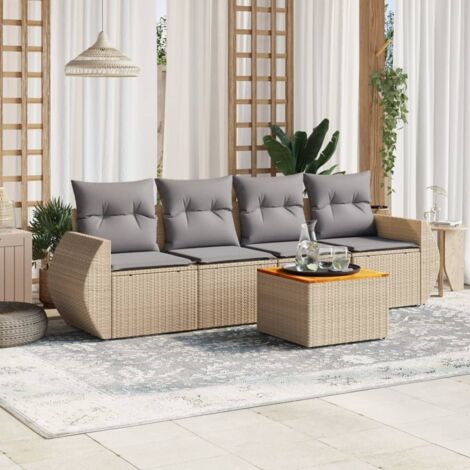 Ensemble de Salon de Jardin Modulaire 5 Pièces - Canapé et Table avec Coussins - Résine Tressée Beige (1/3)