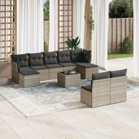 Salon de jardin en résine tressée gris 10 pièces avec coussins amovibles et table en verre, 2 sièges d'angle + 5 centraux + 2 repose-pieds (rangement intégré). (1/3)