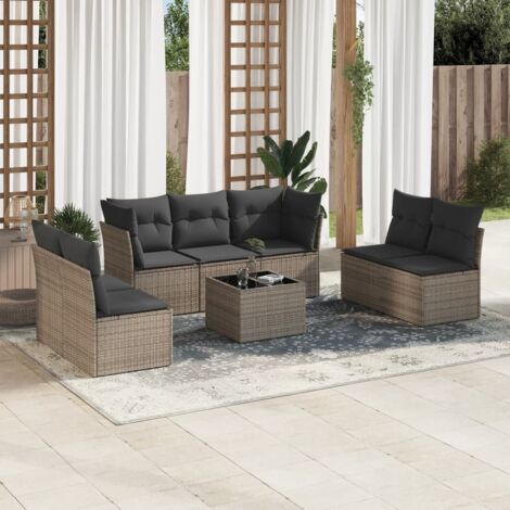 Ensemble Salon Jardin 8 Places Gris Résine Tressée - Canapé d'Angle et Central avec Coussins Détachables et Table en Verre Trempé (1/3)