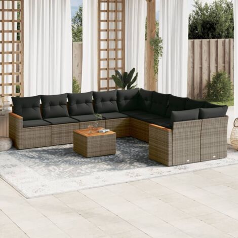 Ensemble salon de jardin 11 pièces polyrotin gris anthracite avec table acacia, coussins lavables et rangement intégré (1/3)