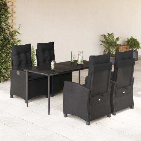 Ensemble de Jardin 5 Pièces Noir en Résine Tressée - Table en Verre Trempé 160x80cm avec 4 Chaises Inclinables et Coussins (1/5)