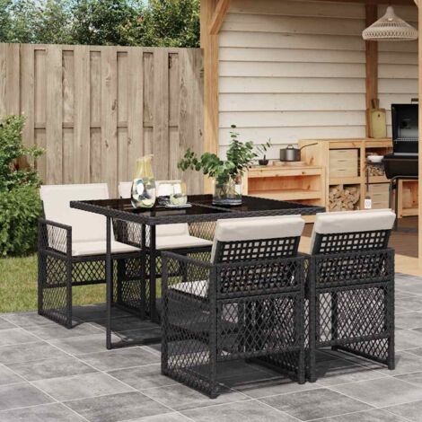 Ensemble de Jardin 5 Pièces en Résine Tressée Noir avec Coussins Crème, Table en Verre Trempé 110x106 cm, Chaises Pliables, Design Moderne pour Terrasse (1/5)