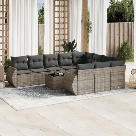 Ensemble salon de jardin 11 pièces résine tressée gris avec coussins amovibles, tables en verre trempé et design modulaire (1/5)