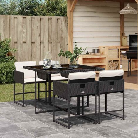 Ensemble à Manger Jardin 5 Pièces Noir Résine Tressée avec Coussins Blancs Crème et Table en Verre Trempé (1/5)