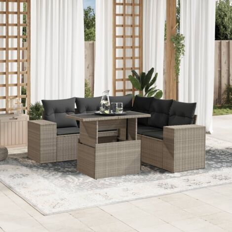 Canapé de Jardin 6 Places en Résine Tressée Gris Clair avec Coussins Anthracite - Ensemble Salon d'Extérieur Modulaire avec Table Réglable (1/5)