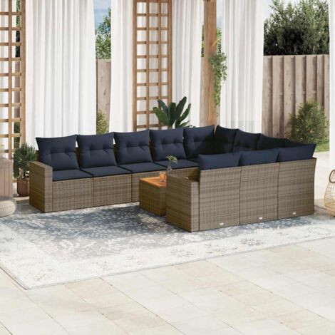 Ensemble Salon de Jardin Modulaire 11 Pièces en Résine Tressée Gris avec Coussins Navy, Table Acacia, Sièges avec Rangement (1/5)