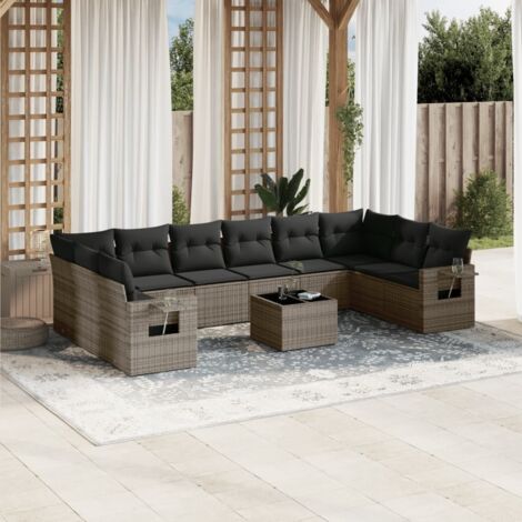 Ensemble canapé de jardin modulaire 11 pièces résine tressée gris avec coussins et table verre trempé (1/5)