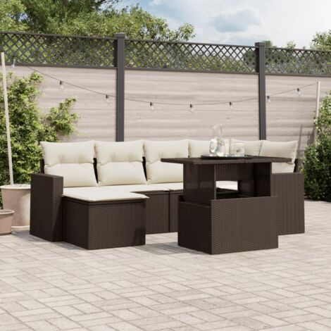 Ensemble de jardin 7 places en résine tressée marron avec coussins amovibles, table extensible en verre trempé et repose-pieds (1/5)