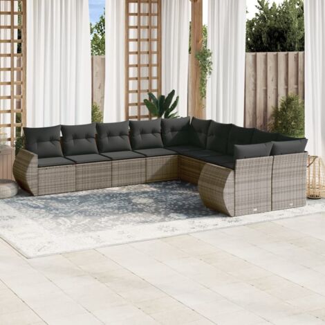 Ensemble de salon de jardin 10 places gris résine tressée, canapés modulaires avec coussins amovibles lavables. (1/5)