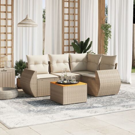 Salon de jardin 5 places en résine tressée beige avec table acacia et rangements, coussins assortis (1/3)