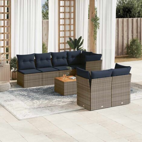 Ensemble de jardin 8 places en résine tressée grise avec coussins bleu marine, table en acacia et rangements intégrés (1/5)