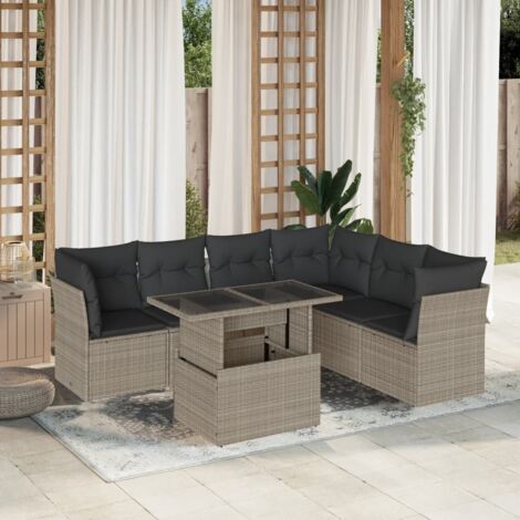 Set de jardin 7 places avec canapés modulables et table ajustable en résine tressée gris clair, coussins anthracite amovibles (1/5)