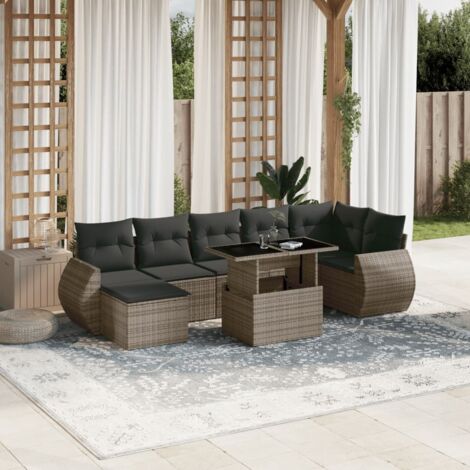 Ensemble Salon de Jardin 8 Places Gris Résine Tressée - Canapé Modulable avec Table Réglable et Coussins Lavables (1/5)
