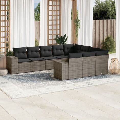 Ensemble de salon de jardin 10 places en résine tressée gris avec coussins, rangement intégré (1/5)
