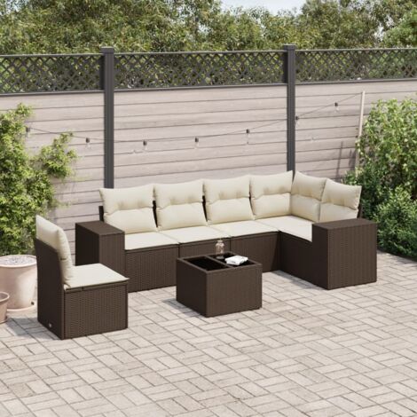 Ensemble Salon de Jardin 7 Places Tressé Résine Brun & Blanc Crème Modulaire avec Coussins et Table en Verre Résistant aux Intempéries Ensemble Canapé Coin + Table + Coussins (1/5)