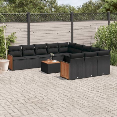 Ensemble salon de jardin 12 places en résine tressée noire avec coussins et table bois acacia – Lot complet modulaire (1/5)