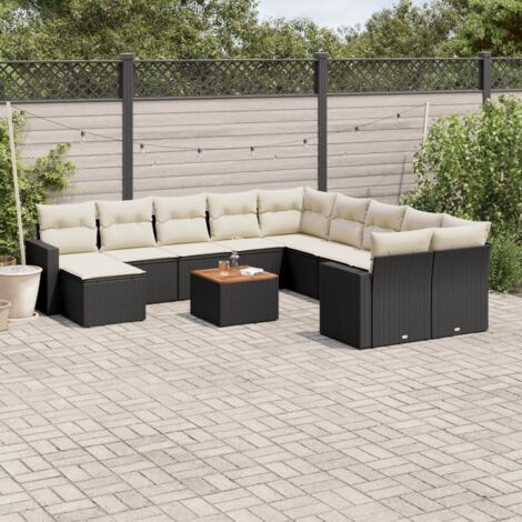 Ensemble salon de jardin 12 places en résine tressée noire avec coussins crème, table acacia et repose-pieds (1/3)