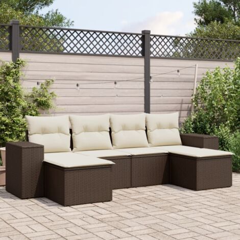 Ensemble salon de jardin 6 places en résine tressée marron avec coussins, fonction rangement - Banc + fauteuil + repose-pieds modulables (1/3)