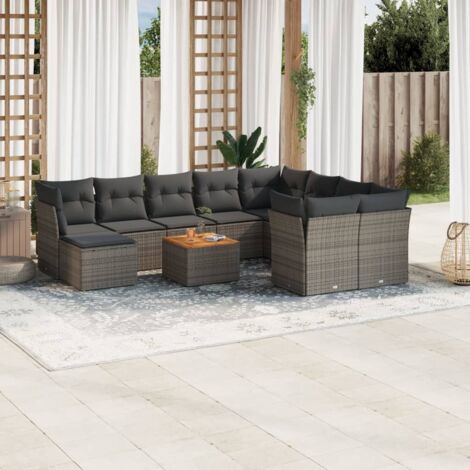 Canapé d'angle jardin 11 pièces gris résine tressée polyrotin modulaire avec coussins amovibles et table en acacia (1/3)