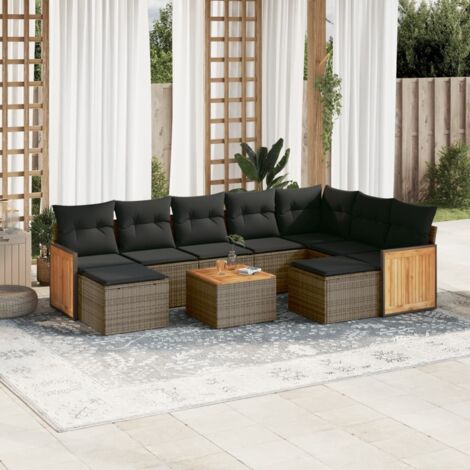 Ensemble Salon Jardin Modulaire 8 Places avec Coussins Gris Résine Tressée et Plateau Acacia (1/5)