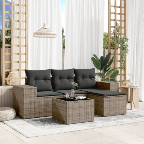 Ensemble salon jardin 5 pièces gris résine tressée et verre trempé, coussins déhoussables (1/5)