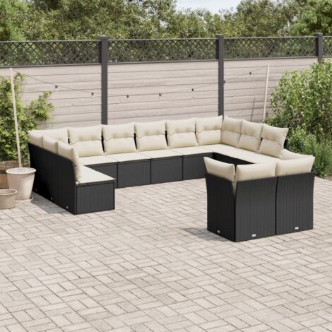 Salon de jardin 12 places en résine tressée noir avec coussins crème, modulaire 8 sièges centraux + 4 d'angle (1/3)