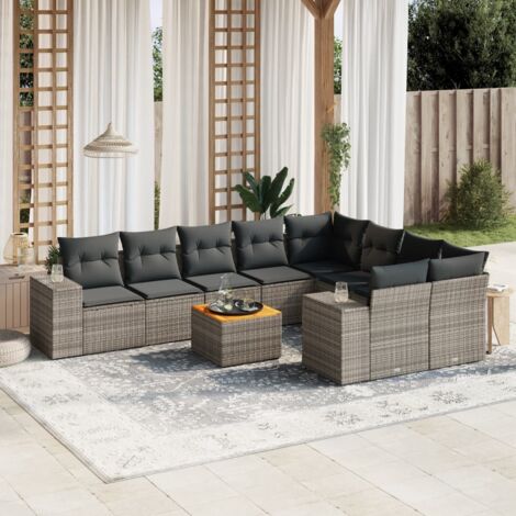Ensemble de Salon de Jardin Modulaire 10 Pièces en Résine Tressée Gris, avec Coussin Mousse, Table Acacia et Rangement (1/3)