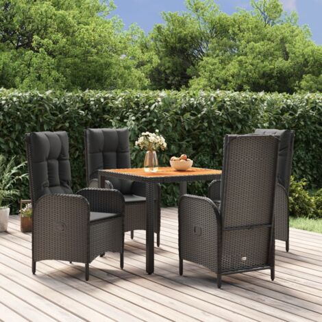 Ensemble de Jardin 5 Pièces Noir Résine Tressée - Table Acacia et Chaises Inclinables avec Coussins (1/5)