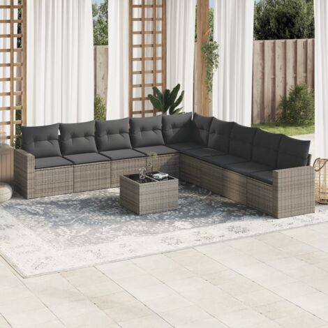 Ensemble Salon Jardin 10 Places Gris Résine Tressée avec Table Verre Trempé, 9 Sièges Modulaires et Coussins Dossier (1/3)