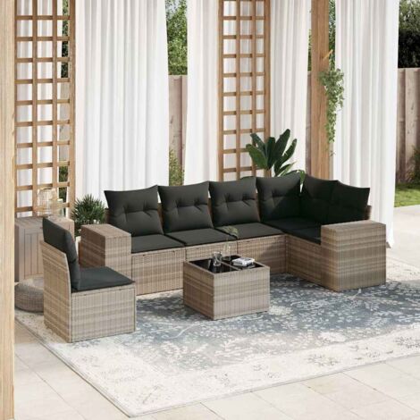 Ensemble salon de jardin gris clair 7 pièces, résine tressée, coussins amovibles, table verre trempé, modulaire extérieur (1/5)