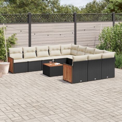 Ensemble de Jardin 12 Places Modulable Noir Résine Tressée, avec Table en Acacia et Coussins Blanc Crème Lavables (1/5)