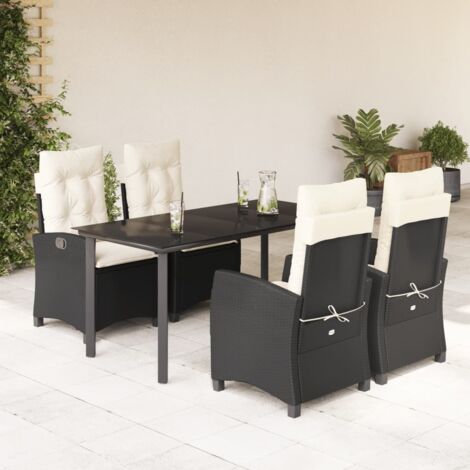 Ensemble de Jardin 5 Pièces - Table et 4 Fauteuils Relax en Résine Tressée Noir avec Coussins Crème et Verre Trempé 160x80 cm (1/5)