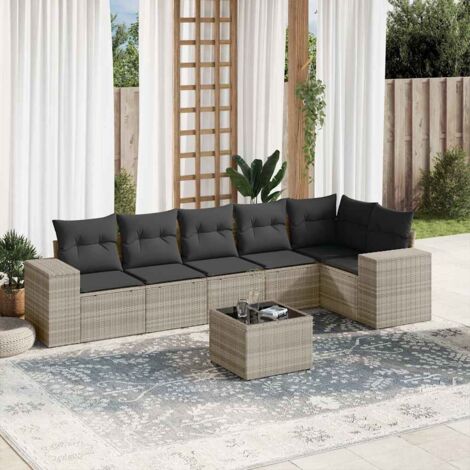 Ensemble salon de jardin modulaire 7 places en résine tressée gris clair avec table verre, coussins et rangement (1/3)