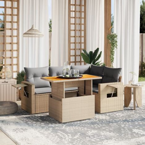 Ensemble Salon de Jardin Modulaire 5 Places Beige en Résine Tressée avec Coussins Gris, Table Réglable et Accoudoirs Tablette (1/3)