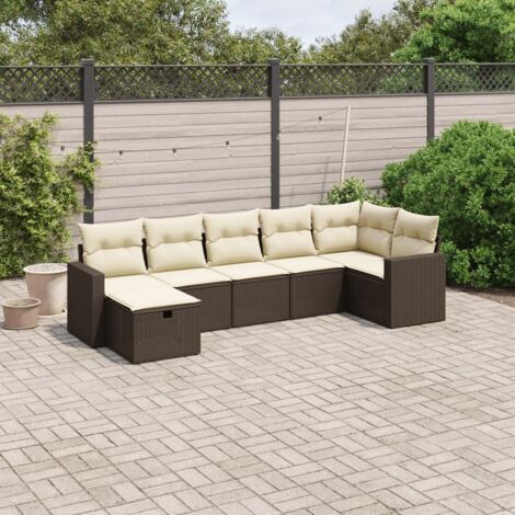 Ensemble Salon de Jardin Modulaire 7 Places Résine Tressée Marron avec Coussins Blanc Crème et Repose-Pied (1/4)