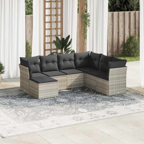 Ensemble Canapé Jardin Modulaire 7 Places Gris Clair en Résine Tressée avec Coussins et Rangement (1/3)
