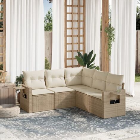 Canapé de Jardin 5 Places en Résine Tressée Beige avec Coussins Amovibles et Sac de Rangement (1/3)