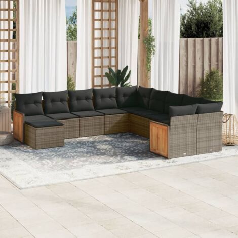 Ensemble canapé de jardin 11 pièces gris en résine tressée, structure acier, coussins amovibles, modulaire, meuble terrasse extérieur (1/5)