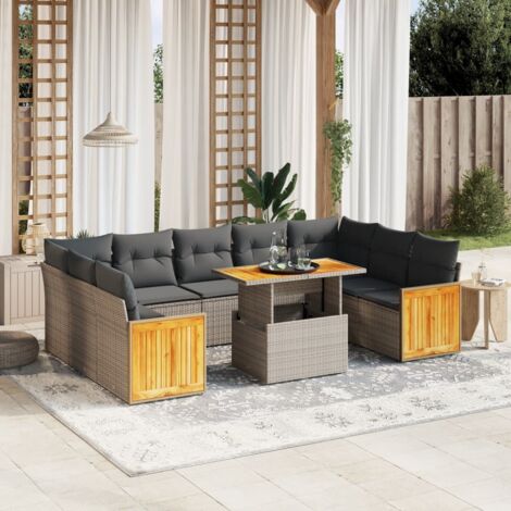 Set Jardin Complet 10 Places Gris Résine Tressée, Table Réglable, Coussins Amovibles (1/3)