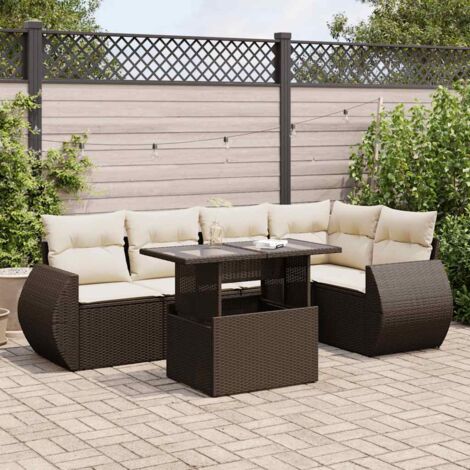 Salon de Jardin 6 Places en Résine Tressée Marron avec Coussins Blanc Crème, Table Réglable, Rangement intégré (1/5)