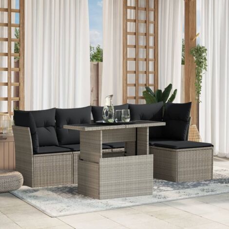 [Ensemble de jardin] Résine tressée gris clair avec 6 sièges, table réglable et coussins amovibles - 6 pcs (1/5)