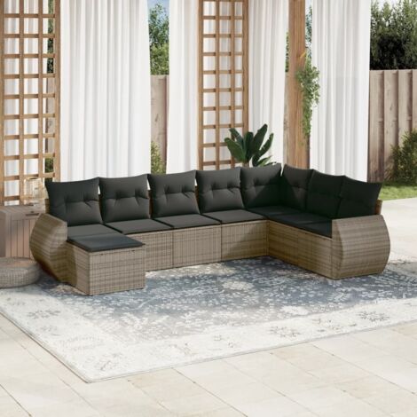 Salon de jardin 8 places en résine tressée gris avec coussins, canapé d'angle, central, repose-pied, ensemble modulaire (1/5)