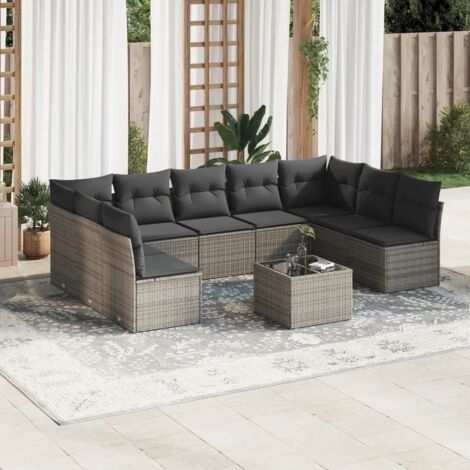 Canapé d'extérieur modulaire en résine tressée gris, 10 pièces avec table verre trempé et rangement, dimensions 289 x 172 x 69 cm (1/3)