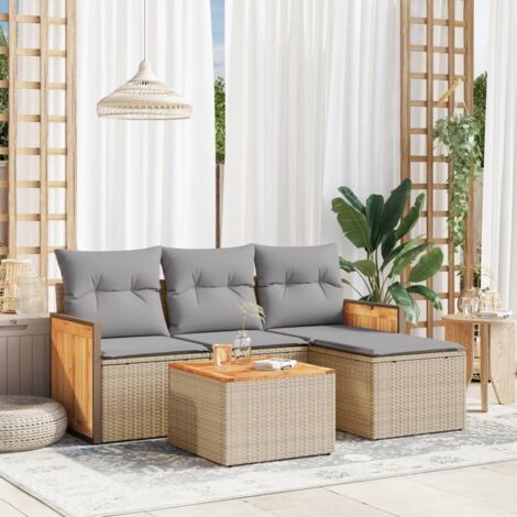 Salon de jardin 5 places en résine tressée beige avec coussins gris, table en acacia et rangement (1/3)