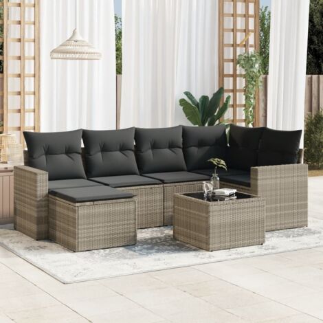 Ensemble salon de jardin en résine tressée avec coussins 7 pièces couleur gris clair, mobilier d'extérieur pour terrasse et patio (1/3)