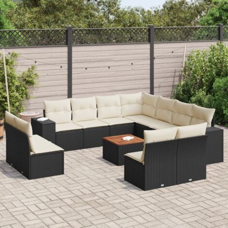 Ensemble salon de jardin 12 places en résine tressée noir avec coussins assortis et table acacia, meuble d'extérieur confortable et modulaire (1/3)