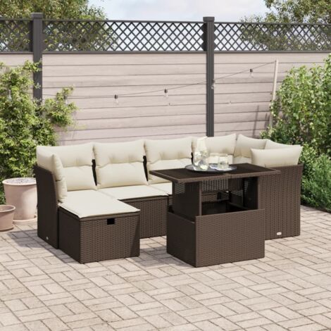 Ensemble de jardin 7 places en résine tressée marron, table réglable avec coussins blanc crème, modulaire (1/5)