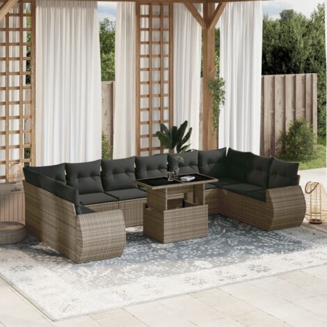 Ensemble salon de jardin modulaire 11 pièces gris résine tressée (2 canapés, 6 sièges, 2 d'angle, table ajustable) avec coussins amovibles lavables (1/5)